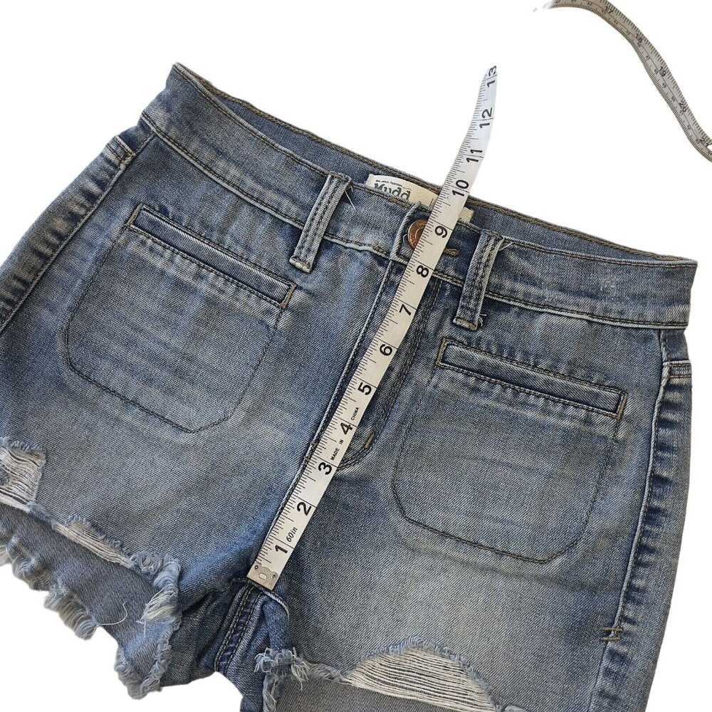 Mudd FLX Distressed Denim Jean Shortie Junior SZ 3 Blue Frayed Hem High Rise - Picture 7 of 10